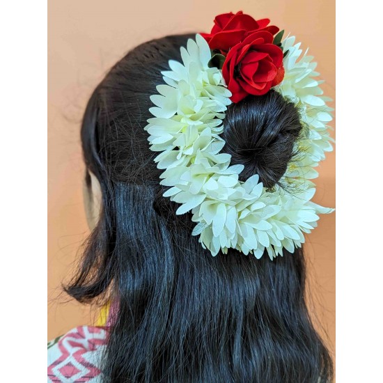 Afarza Veni Gajra Hair Bun Artificial mogra Jasmine With red Gulab Juda Women Pack 4 pieces (gulab-white)